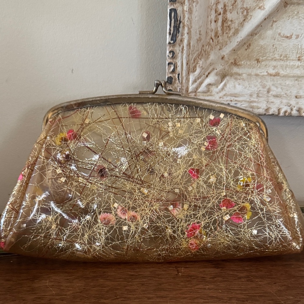 Vintage 1950's Clear Pressed Flowers Gold Floral Clutch